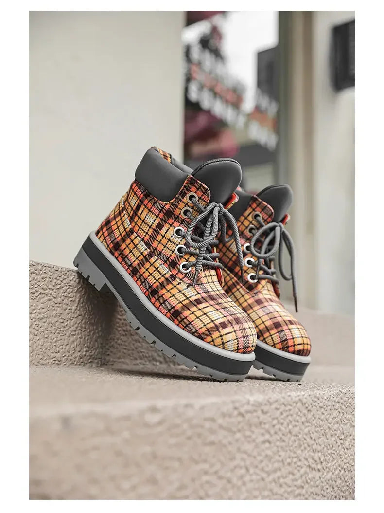 Botas de tobillo a cuadros para hombre con cordones y suela antideslizante