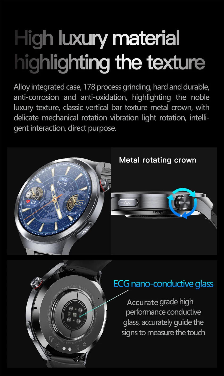 Nuevo Reloj Inteligente con Pantalla de Cristal de Zafiro de 1.73 Pulgadas, Monitor de Salud, Ácido Úrico, Grasa en Sangre, Presión Arterial, ECG+PPG, Análisis Corporal, para Hombre