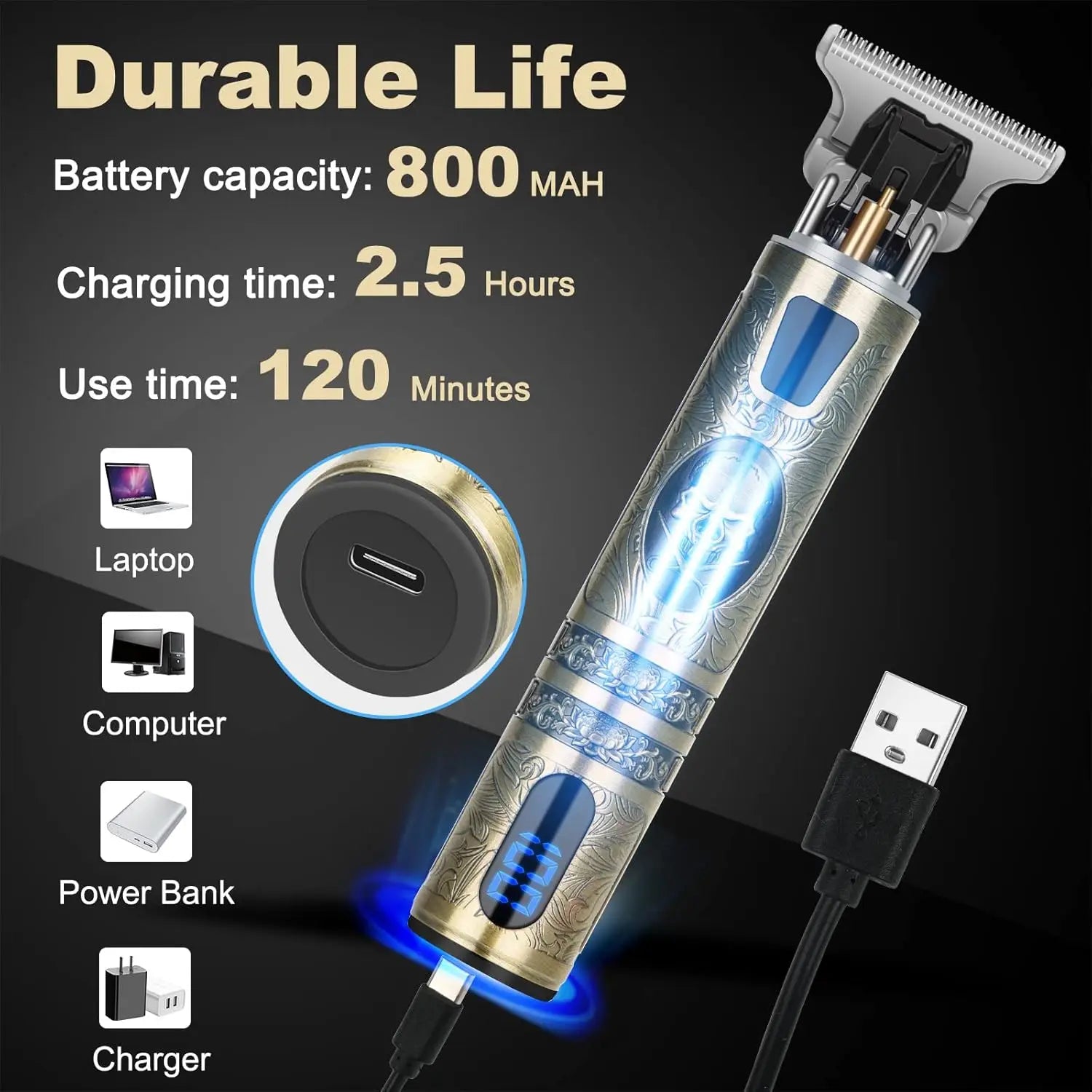 Cortapelos Eléctrico con Pantalla LCD, Máquina de Cortar Pelo y Barba, Recortadora Recargable para Hombres