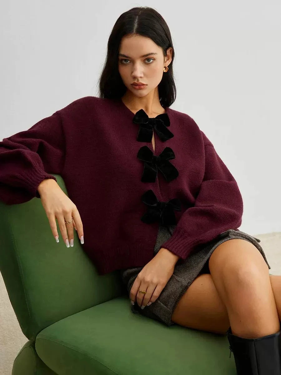 Otoño Invierno dulce coqueta mujeres suéteres cárdigan mujeres de manga larga de terciopelo arco tejido Cardigan temperamento prendas de vestir exteriores