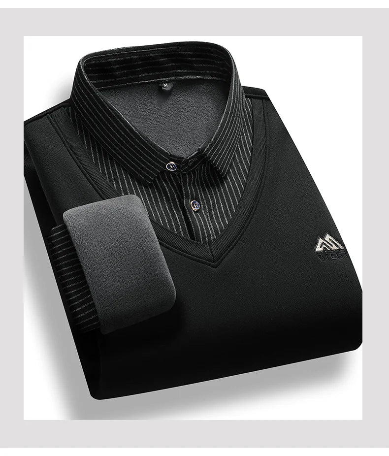 Suéter forrado de lana para hombre, jersey con cuello tipo Polo, Tops falsos de dos piezas, jerséis informales de negocios a la moda, ropa gruesa de invierno