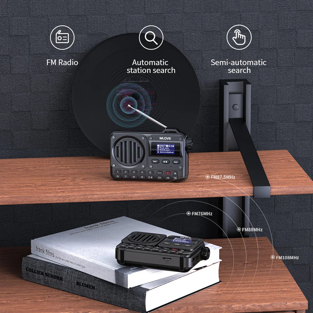 MLOVE BV800 Altavoz Bluetooth súper portátil con radio FM, pantalla LCD, antena, entrada auxiliar, disco USB, tarjeta TF, reproductor de MP3