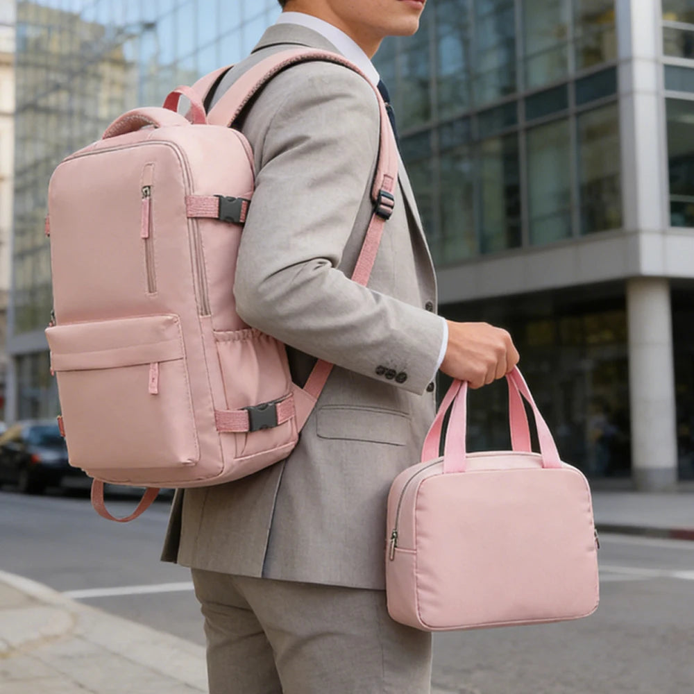 Juego de 2 piezas, 180 °     Mochila de Viaje con Apertura Completa y Bolsa de Aseo, Equipaje de Mano Ligero para Negocios, Escuela y Desplazamientos Diarios