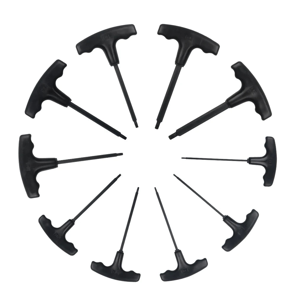 Juego de 10 llaves Allen con mango en T métricas, SAE o Torx con soporte