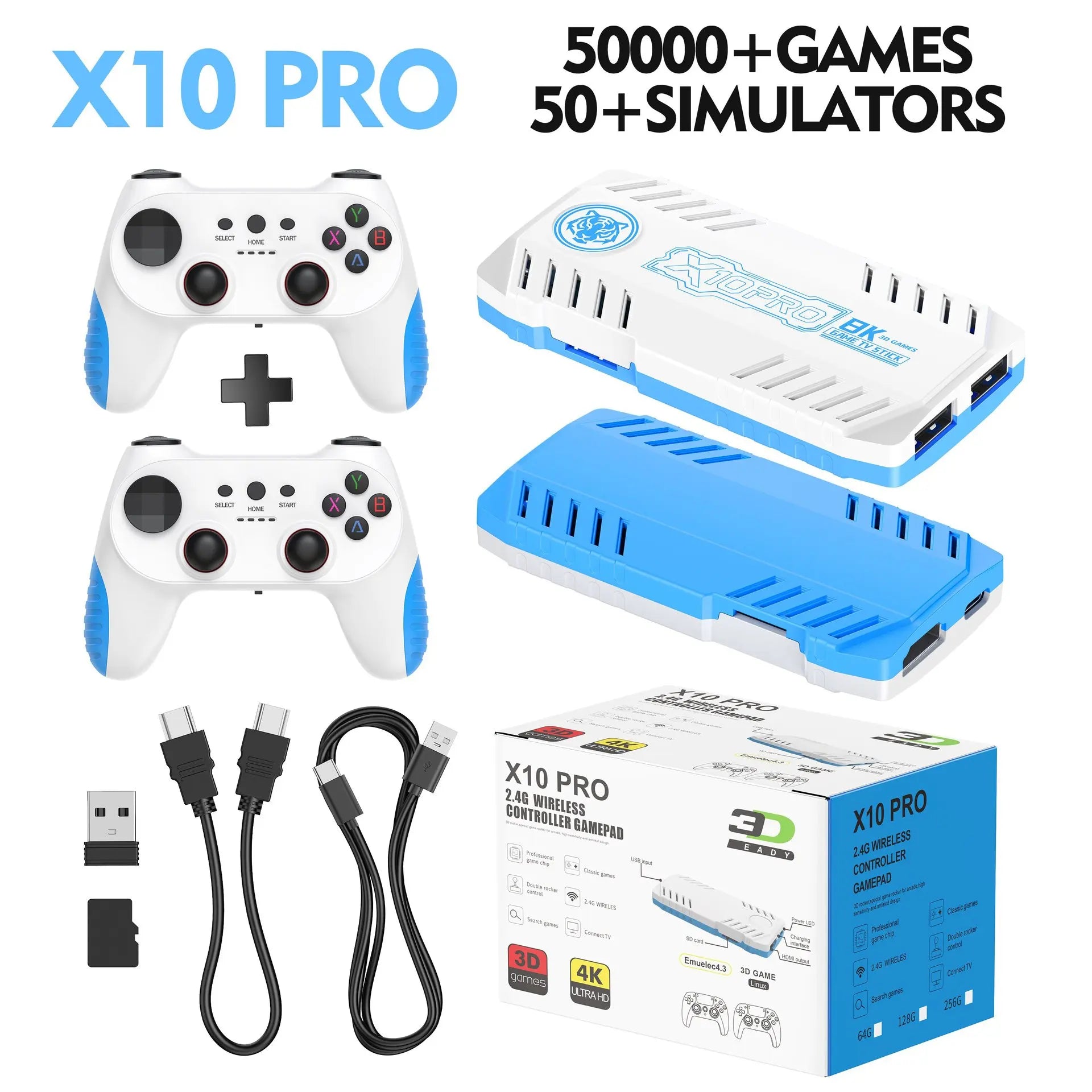 Consola de Videojuegos Retro X10 4K HD para TV, Mini Consola Portátil con Más de 50000 Juegos, 51 Emuladores, Controles Inalámbricos, Plug and Play