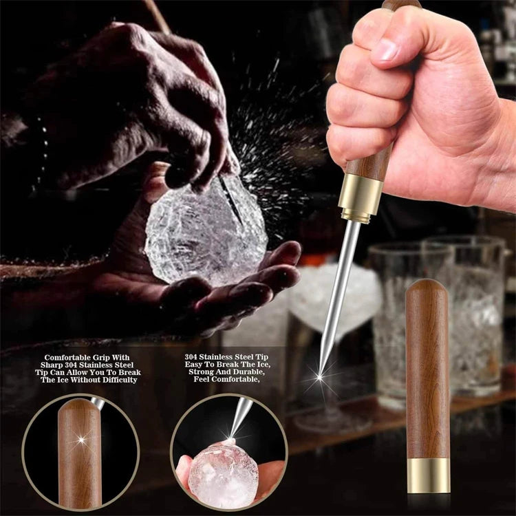LMETJMA púa de hielo con cubierta púa de hielo de acero inoxidable con mango de madera cocina Icepick barman herramienta para romper hielo JT290