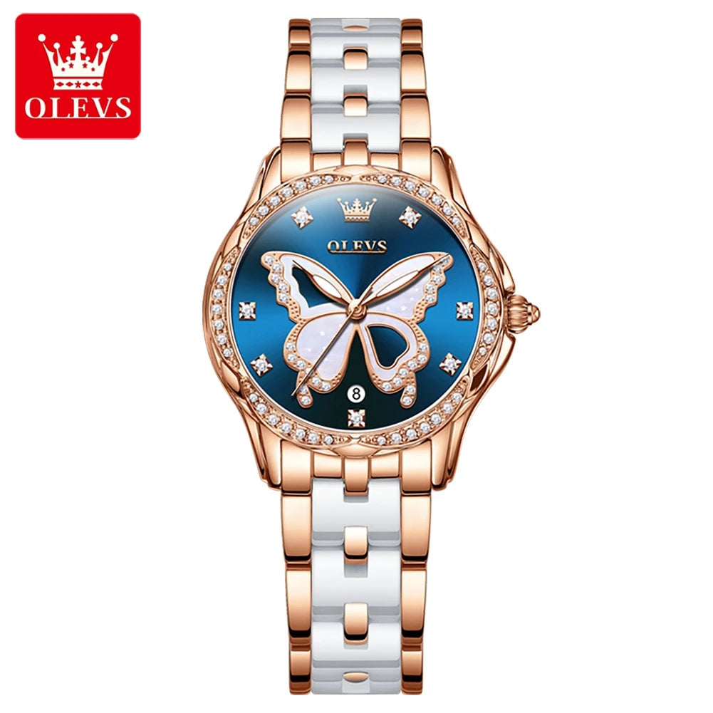 Reloj de Cuarzo OLEVS para Mujer, Correa de Cerámica, Diseño Mariposa