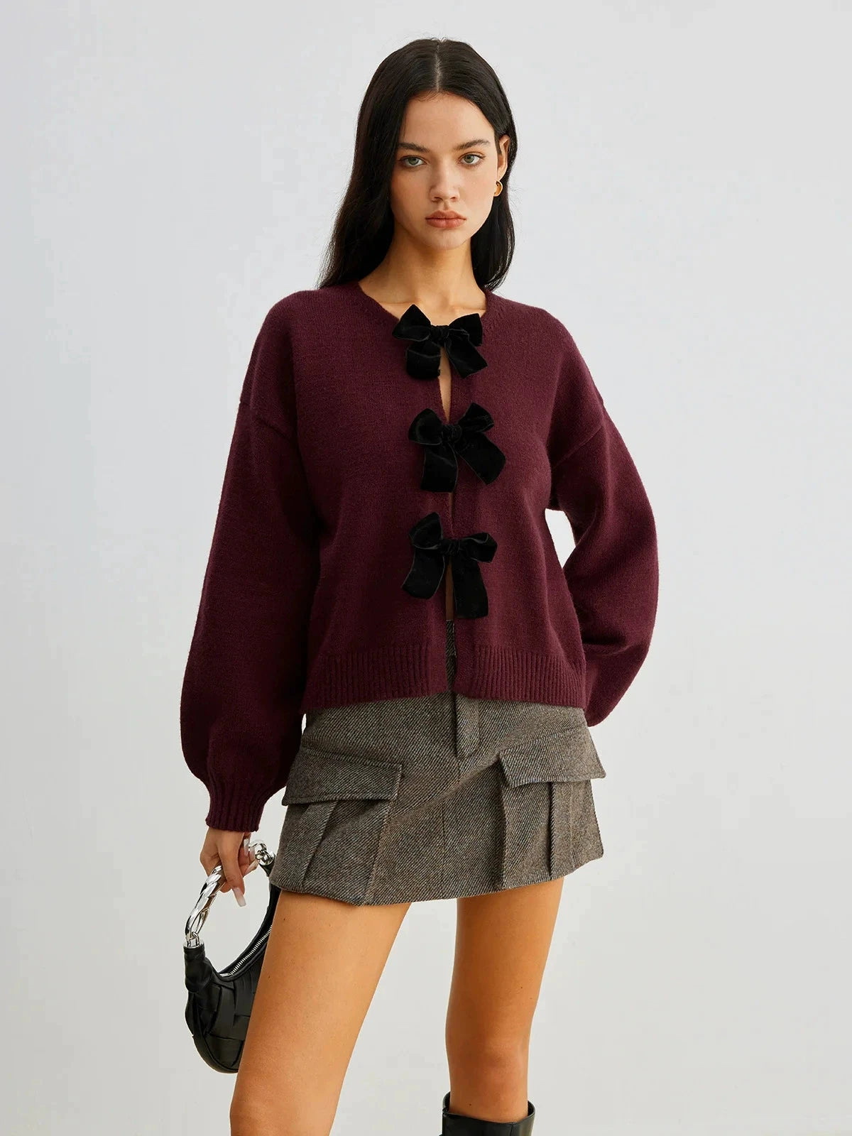 Otoño Invierno dulce coqueta mujeres suéteres cárdigan mujeres de manga larga de terciopelo arco tejido Cardigan temperamento prendas de vestir exteriores