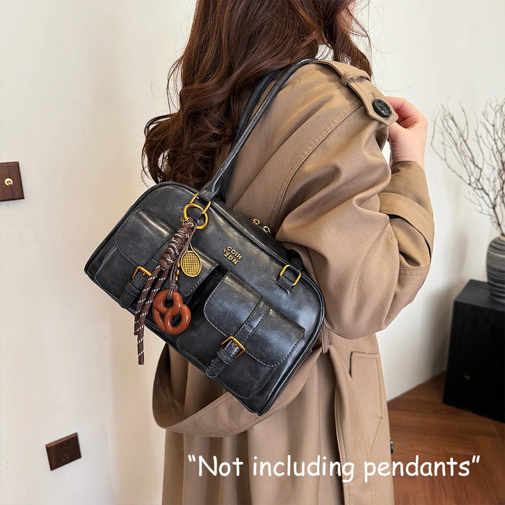 Bolso de Hombro de Cuero PU de Color Sólido Retro para Mujer con Múltiples Bolsillos, Gran Capacidad, Bolso de Mano Elegante y Moderno