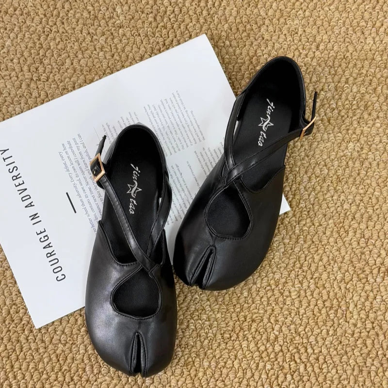 Zapatos Planos de Mujer con Punta Dividida, Estilo Mary Jane, Minimalistas, con Tira Cruzada, de Cuero PU Liso, Zapatos de Ballet, Estilo Francés Chic, Casuales, para Caminar
