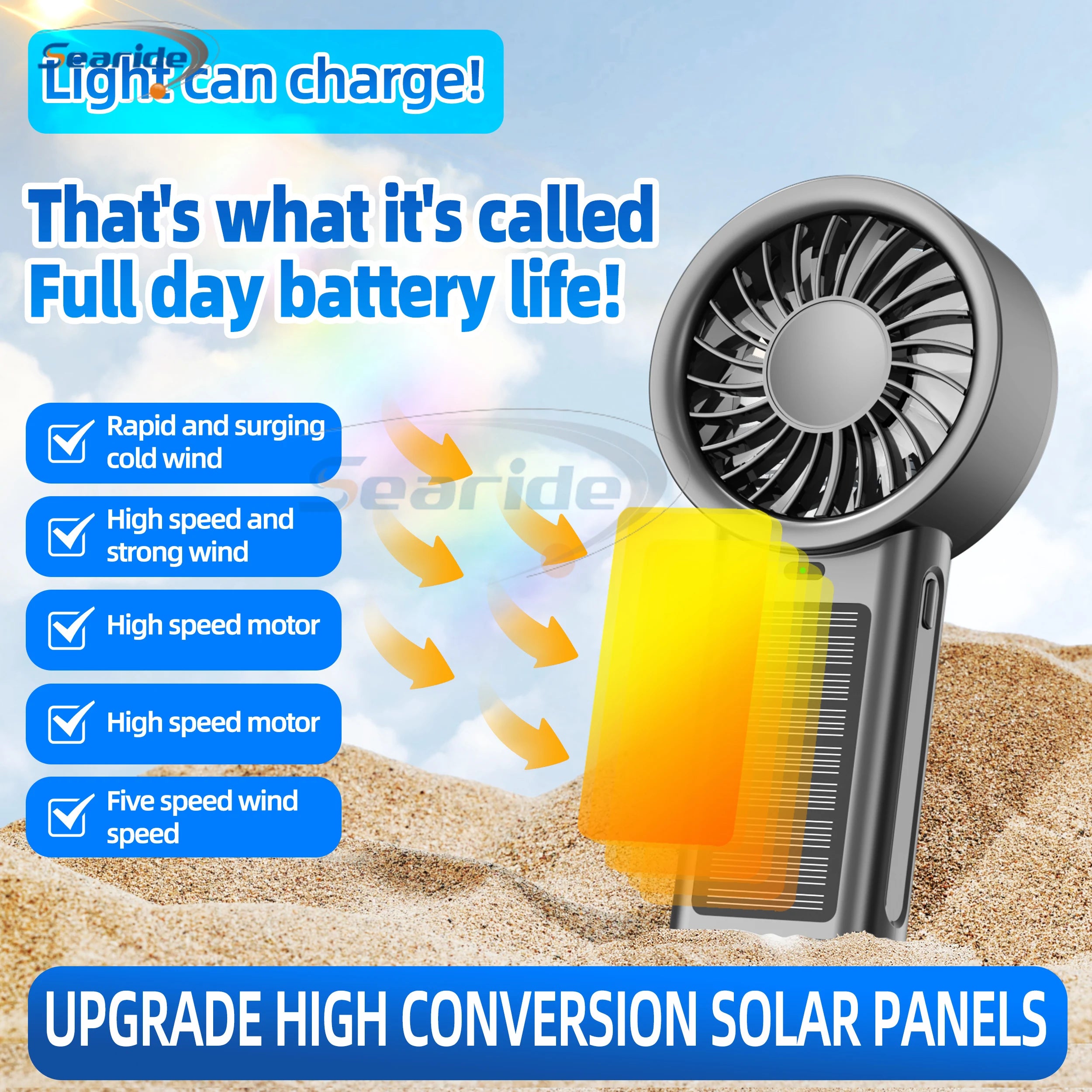 Ventilador solar portátil 5 velocidades, recargable USB para camping