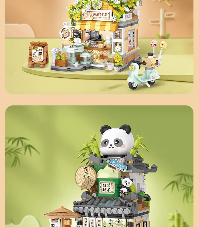 LOZ - Juego de Bloques de Construcción de la Serie Escena Urbana Plegable, Casa de Té Panda, Cafetería, Adorno de Escritorio, Regalo de Cumpleaños para Adultos