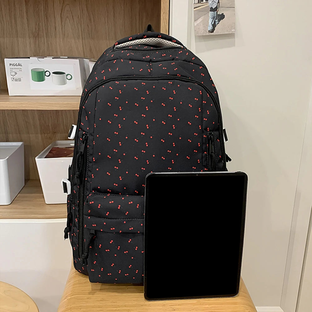 Mochila de Nailon con Estampado de Cerezas y Lazos para Escuela