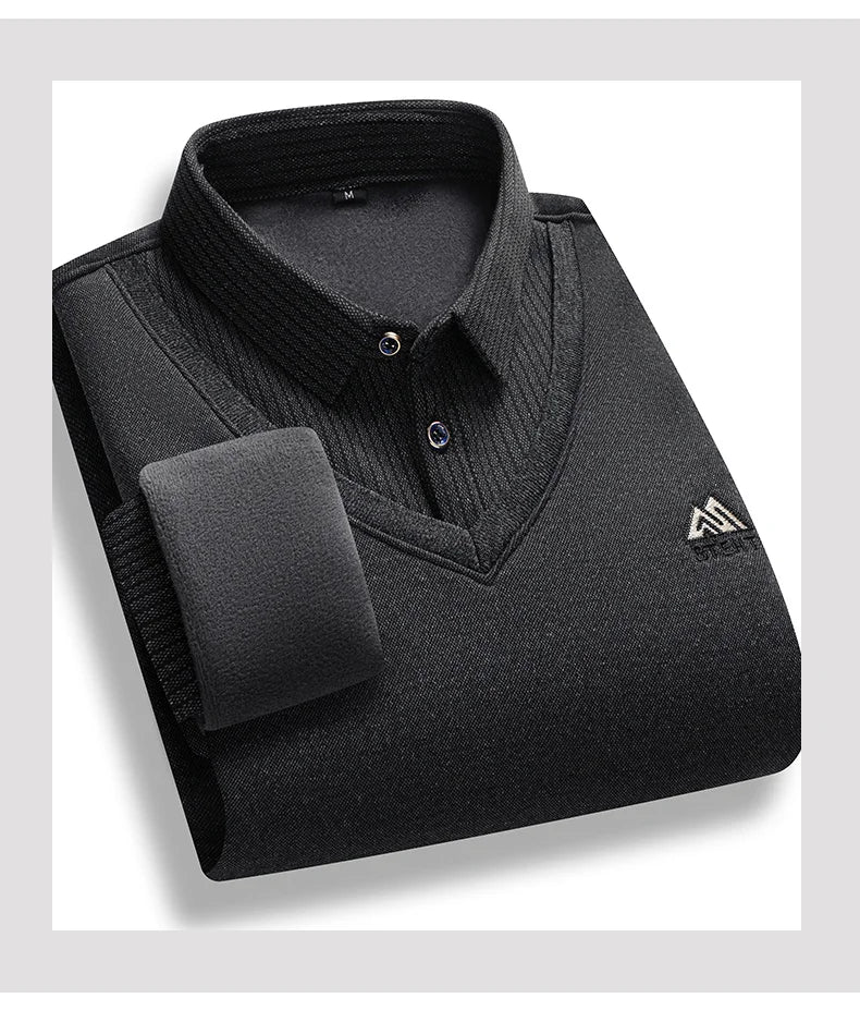 Suéter forrado de lana para hombre, jersey con cuello tipo Polo, Tops falsos de dos piezas, jerséis informales de negocios a la moda, ropa gruesa de invierno