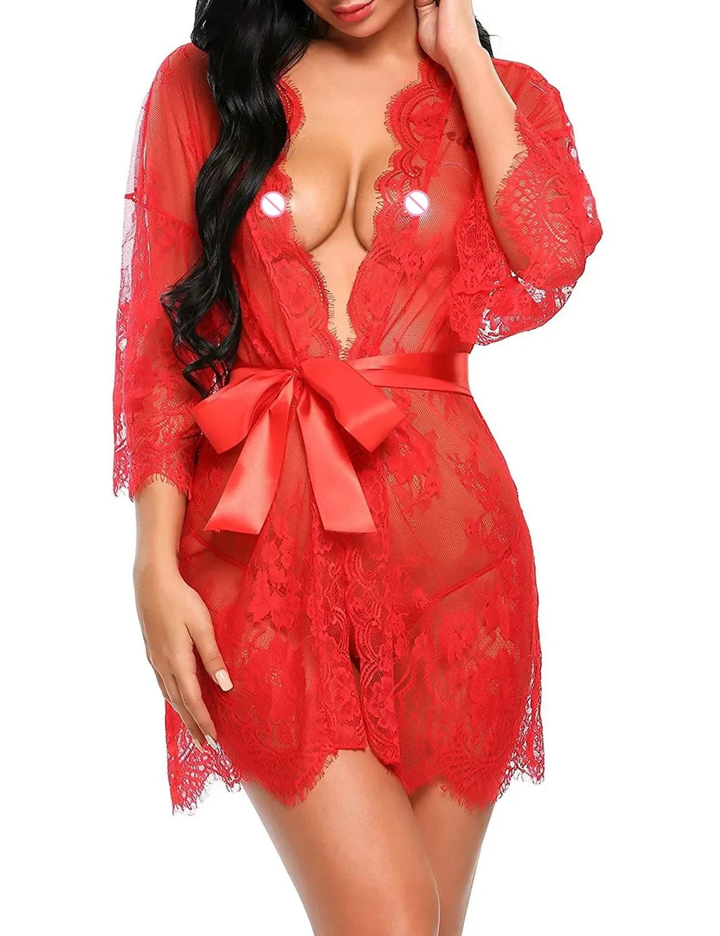 Babydoll Transparente con Cuello en V, Tanga de Encaje para Mujer