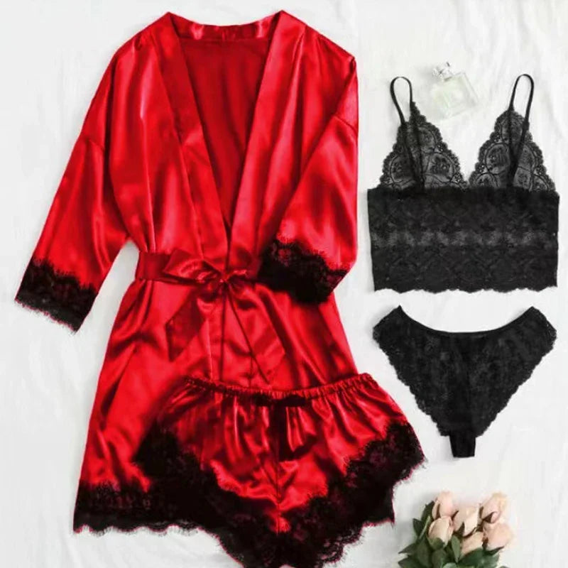 Conjunto de Pijama Sexy para Mujer 4 Piezas con Encaje