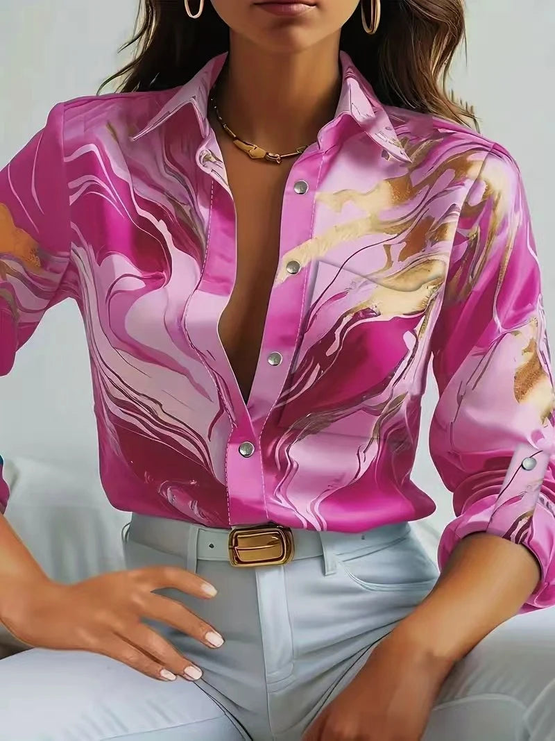 Camisa de Manga Larga con Botones y Cuello en V Estampada para Mujer, Informal
