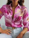 Camisa de Manga Larga con Botones y Cuello en V Estampada para Mujer, Informal