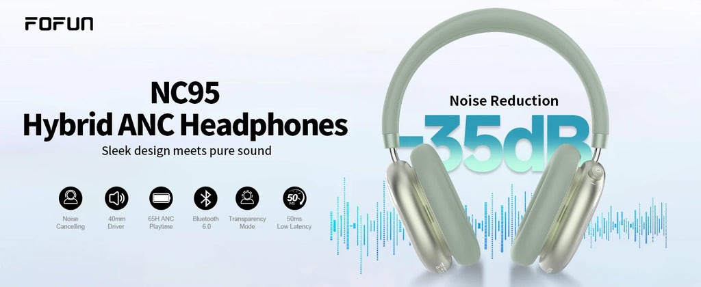 Auriculares híbridos con cancelación activa de ruido con perilla de control 65H de reproducción auriculares sobre la oreja inalámbricos Bluetooth 6,0 Audio de alta resolución