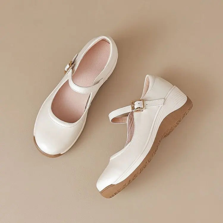 2026 Zapatos de mamá para mujer de primavera: zapatos de tacón poco profundos sin tirar de suela suave, plataforma gruesa de cuero informal con una hebilla, tacón de cuña