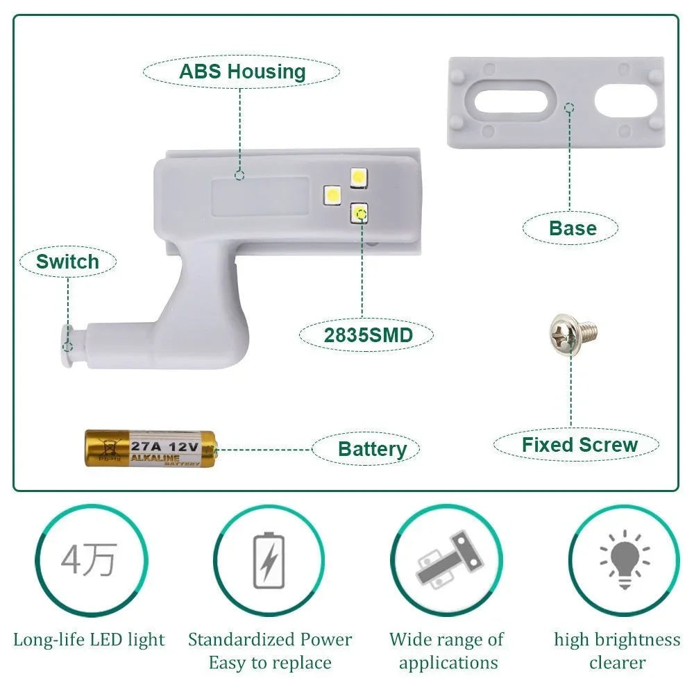 10 unids/set de luces LED para armario de cocina, lámpara con bisagra interior, iluminación para dormitorio, armario, debajo del armario, luces nocturnas