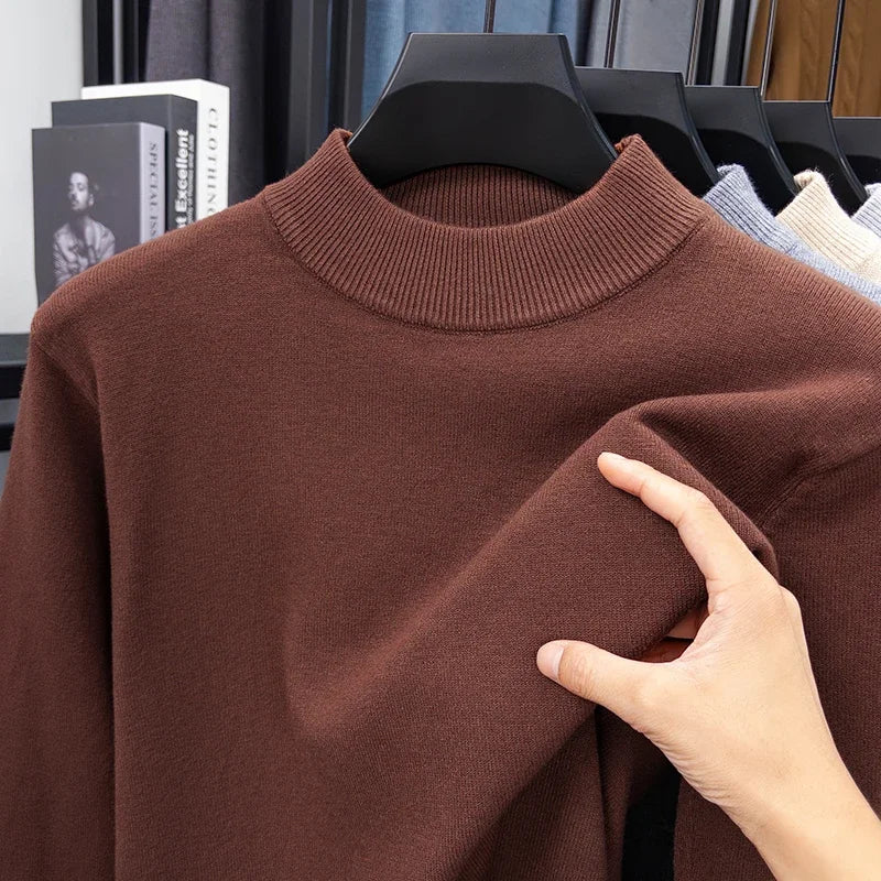 Suéter de punto de medio cuello alto para hombre, jersey de Color sólido con cuello simulado, sudadera informal de Otoño/Invierno, ropa de marca para hombre