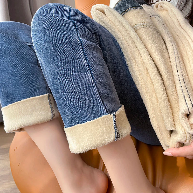 Pantalones Vaqueros Y2K con Forro Polar para Mujer, Cintura Alta, Pierna Recta