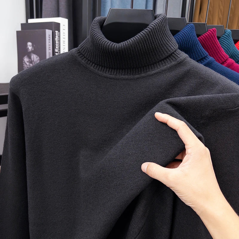 Otoño para hombre de alta calidad de punto suéter de cuello alto ajustado de manga larga anti-pilling jersey Color sólido tendencia hombres Streetwea