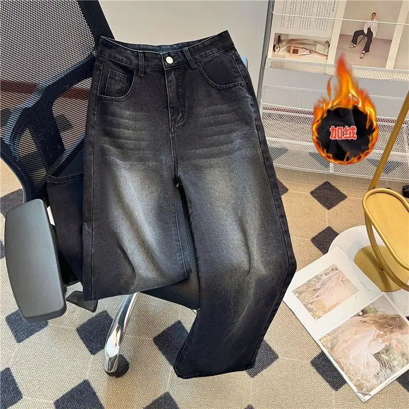 Pantalones Vaqueros Rectos de Lana Gruesa para Mujer, Terciopelo, Invierno
