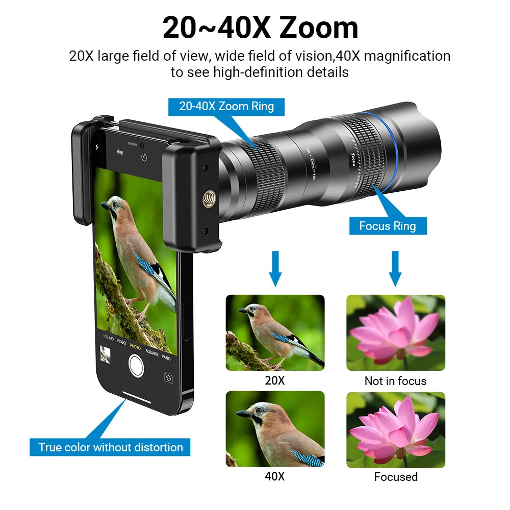 Lente Teleobjetivo APEXEL Zoom 20x-40x para Smartphones con Trípode