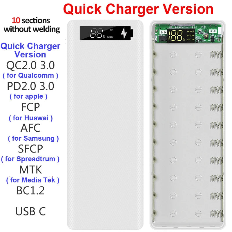 Estuche DIY para Power Bank 10x18650 con Carga Rápida QC 3.0