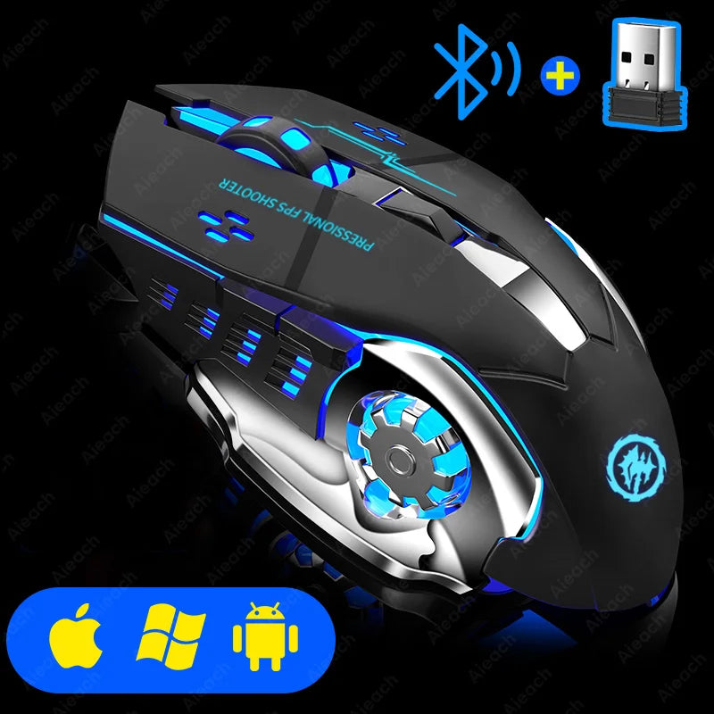 Ratón inalámbrico recargable para videojuegos, Mouse silencioso con Bluetooth, USB, mecánico, retroiluminación para deportes electrónicos, PC, Gamer