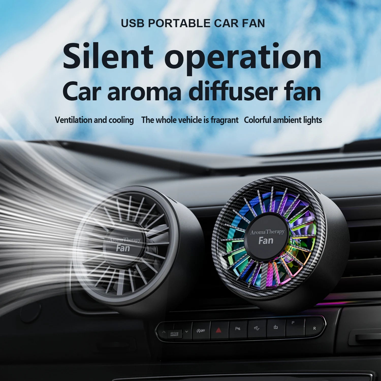 Nuevo ventilador magnético para coche, iluminación colorida y fresca USB, suministro de aire direccional libre de fibra de carbono de alta gama, refrigeración rápida, disfruta de la frescura