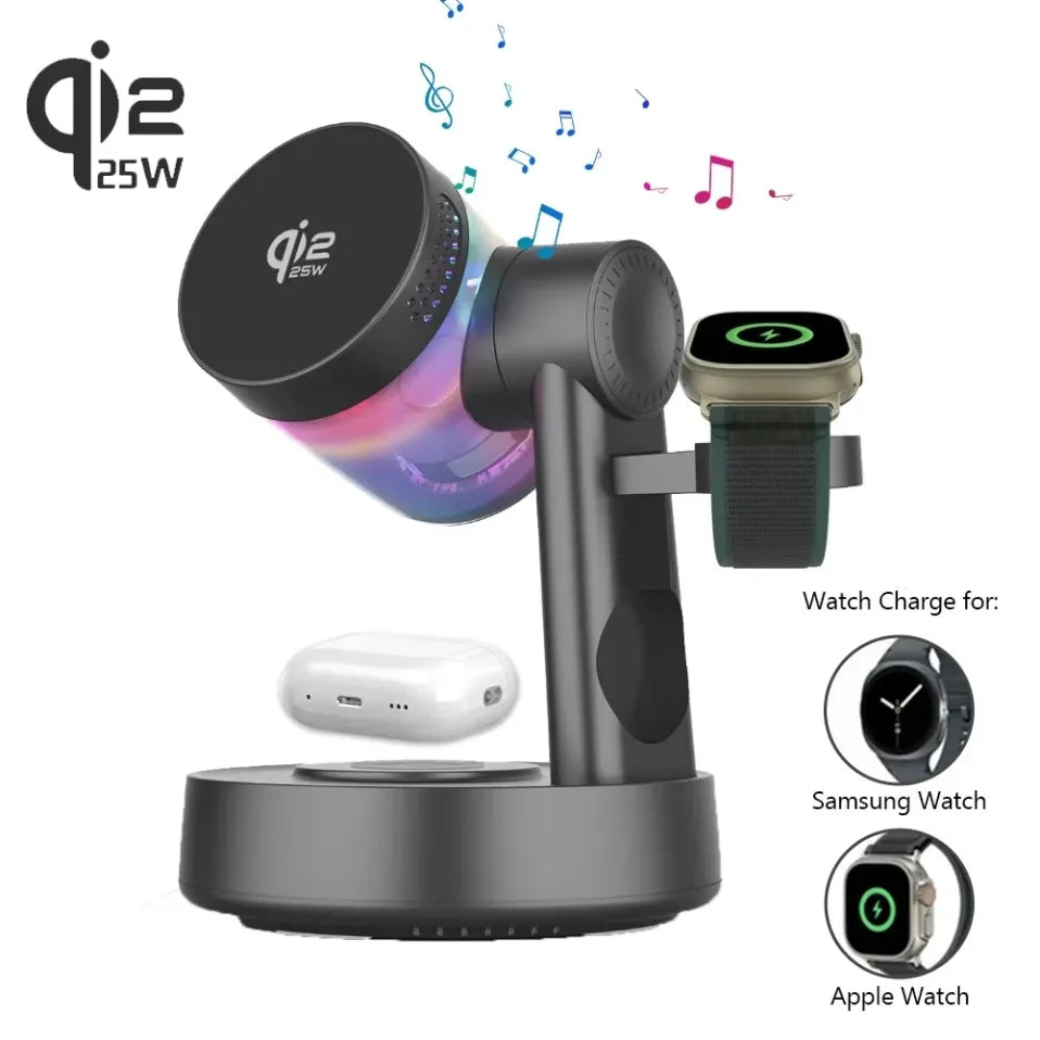 Altavoz Bluetooth QI2 de 25W 5.3 con Cargador Inalámbrico Magnético Rápido de 25W y Reloj Despertador para iPhone 17-12 Pro Max, Apple Watch y Airpods