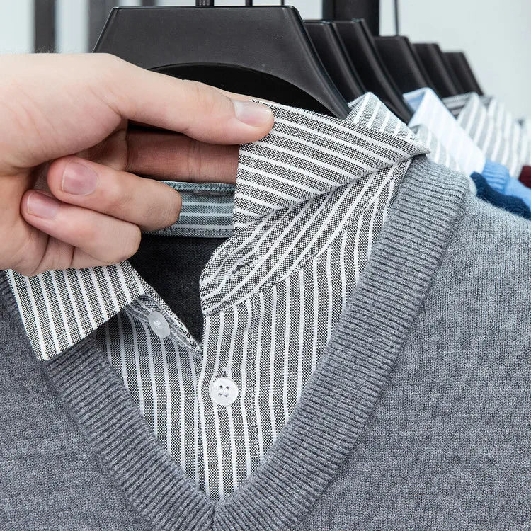 Suéter de punto con cuello de camisa para hombre, azul claro (6 colores), diseño falso de dos capas, estilo informal de negocios    Ajuste elástico y cómodo