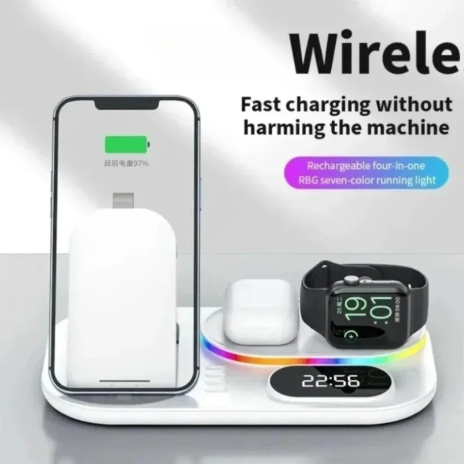 Base de Carga Inalámbrica 4 en 1, Estación de Carga Rápida de 15W para iPhone 12-17, Samsung Galaxy Watch, iWatch, Auriculares Xiaomi