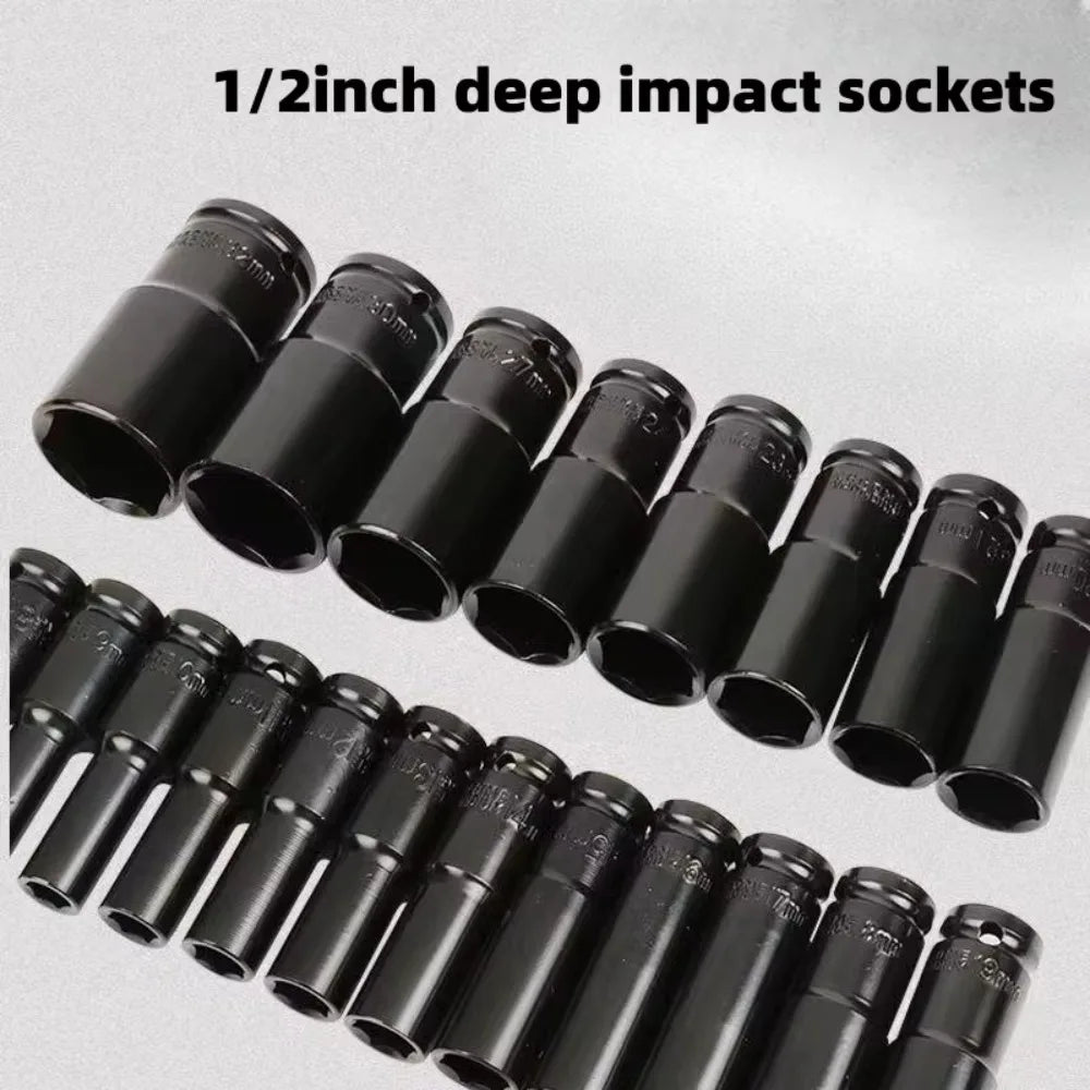 Juego de 10 Llaves de Impacto Profundas Métricas de 1/2 Pulgada, Resistentes y Universales, para Herramientas Neumáticas de Reparación
