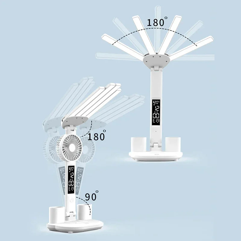 Lámpara de Mesa LED Plegable 3 Colores con Ventilador Reloj y Carga USB
