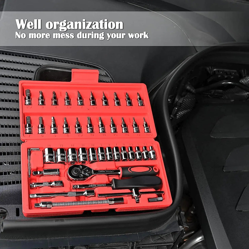FOCSE Juego de llaves de trinquete con casquillo de accionamiento de 46 piezas de 1/4 pulgadas, con juego de casquillos, barra métrica y de extensión para reparación de automóviles