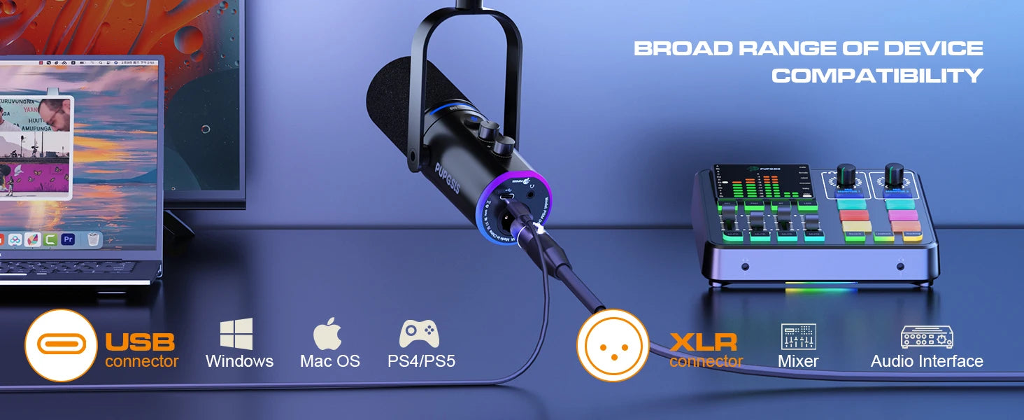 Kit de Micrófono para Juegos XLR/USB: Micrófono Dinámico para PC para Streaming y Podcasting, Botón de Silencio, Efectos de Reverberación, Micrófono RGB para Computadora con Brazo