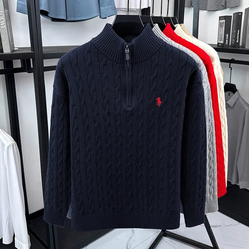 Suéter Vintage para Hombre con Cuello Alto, Bordado y Cremallera