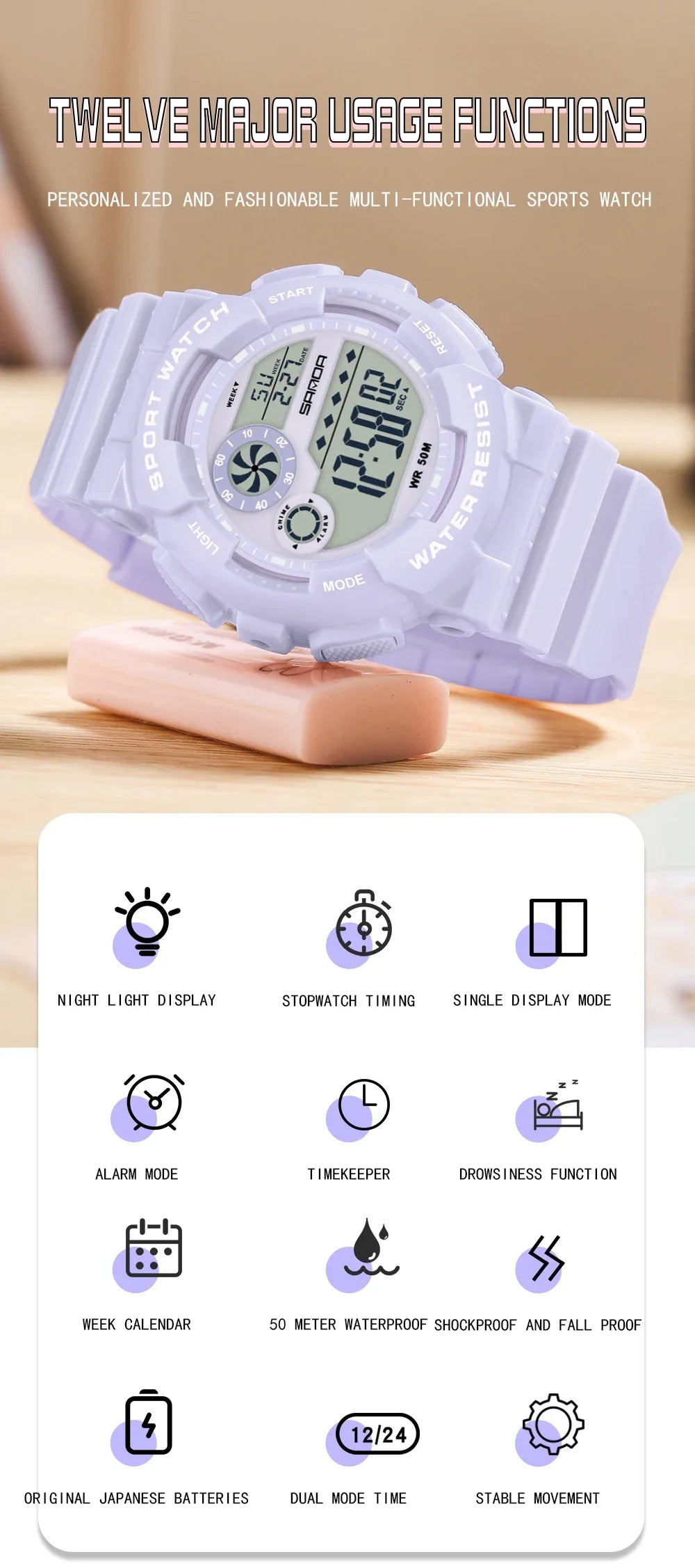 Reloj Digital LED SANDA Deportivo para Mujer