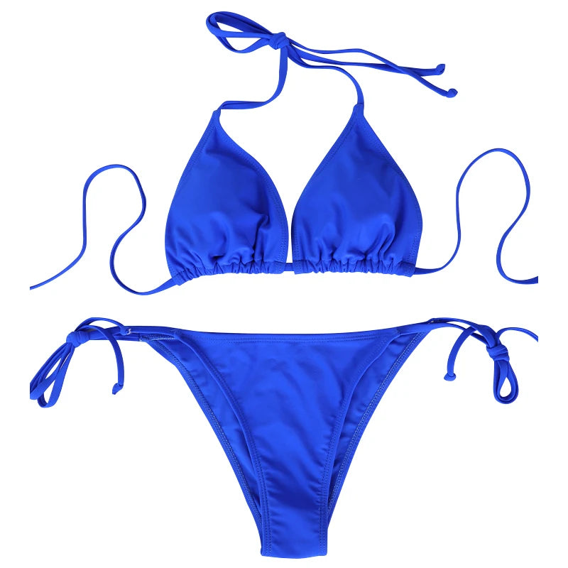 Bikini liso con Tanga para mujer, conjunto de dos piezas, estilo playero de verano, traje de baño con cordones para mujer, Bikini Triangular con correa ajustable