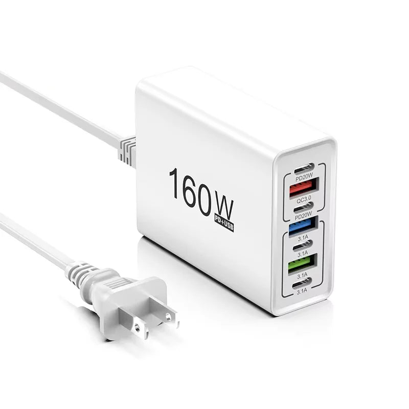 Cargador Rápido 160W 7 Puertos USB y USB-C, QC3.0, Pared Universal