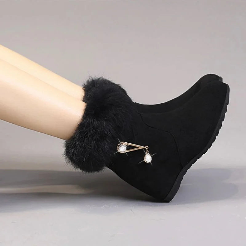 2025 Botas de nieve de plataforma gruesa de nuevo estilo de invierno para mujer, botines cálidos decorados con forro polar, de doble propósito (viacciones y informales)