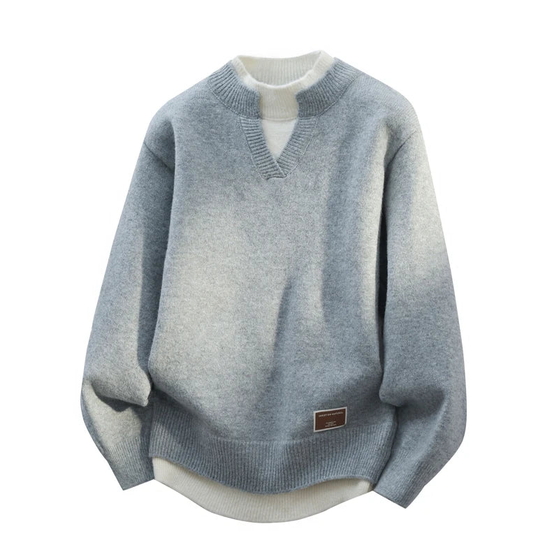 Jersey falso de dos piezas para hombre, cárdigan con cuello redondo, ropa de manga larga, suéter de punto informal juvenil cómodo y térmico