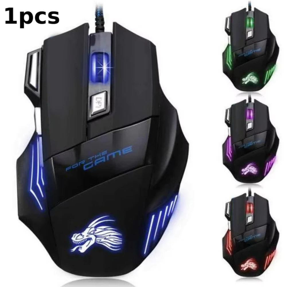 Ratón óptico con cable para juegos, periférico ergonómico retroiluminado con 7 botones, 5500 DPI, ajustable, para PC, ordenador de escritorio