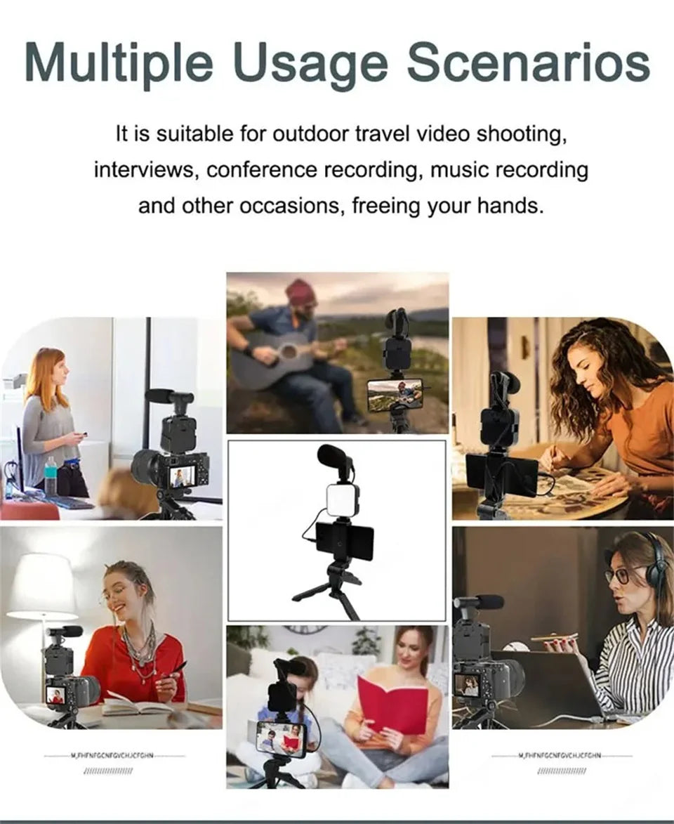 Kit de vlogging para teléfono inteligente con trípode, soporte para teléfono, Mini micrófono, luz de relleno LED, arrancador para TikTok, transmisión en vivo, vídeo, YouTube