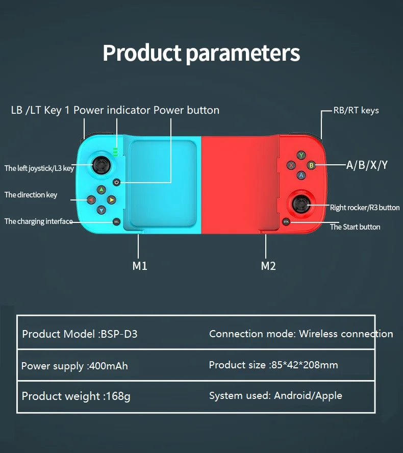 Controlador de juegos extensible inalámbrico D3 compatible con Bluetooth para teléfonos móviles Android Ios PC Gamepad Joystick Control de juego