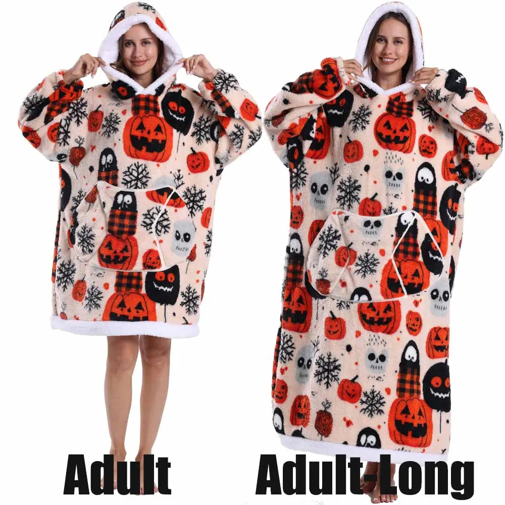 Sudaderas con capucha para mujer, Top de manga larga esponjoso y cálido en negro y gris, sudadera con capucha de fantasma y calavera de calabaza para Halloween, manta de gran tamaño para adultos, ropa de invierno
